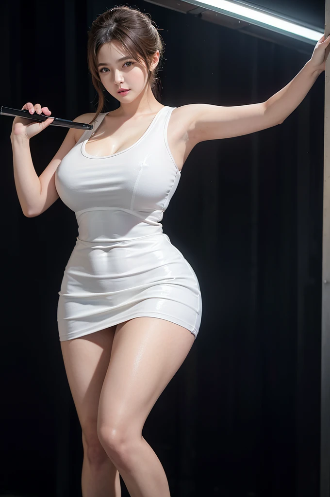 A south Korean young k pop actress bigg curved thighs big round boobs in orange latex tight tank dress,white short tank skirt zoomout,standing,shine thick thighs,big curved hips,big curved gloss thighs,glossy,glow