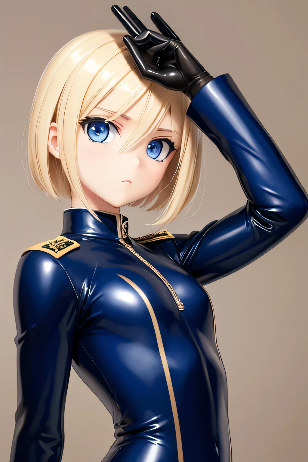 Perfect Anatomy Highest quality,Highest Resolution,(((Dark blue latex military uniform Blonde dark blue eyes))) Short Hair straight expressionless flat chest woman cool