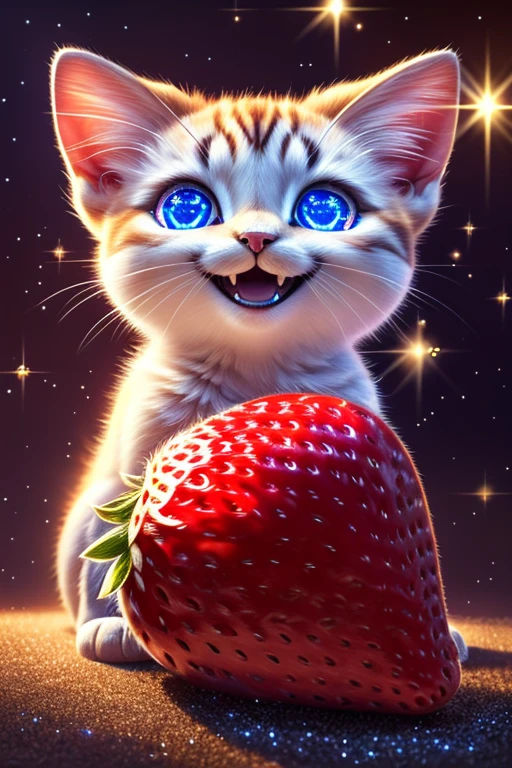 (Highest quality、masterpiece、8k))、Anatomically correct、Very detailed、High resolution、Realistic、((Beautiful, sparkling, detailed eyes))、Intricate details、((Dynamic composition))、kitten、Big head、Holding a very large strawberry、((I can&#39;t hide my joy))、very delicious、A sparkling smile