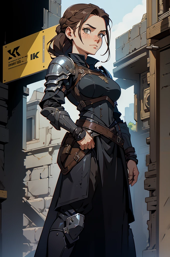 girl, sharp eyes, freckles, smirk, brown hair, braids, standing proud, standing position, black armor, black breastplate, back-hanging sworn, black shirt, compression shirt, black skirt, office background, long skirt, best quality, expressive eyes, perfect face, masterpiece, 4K, 8K