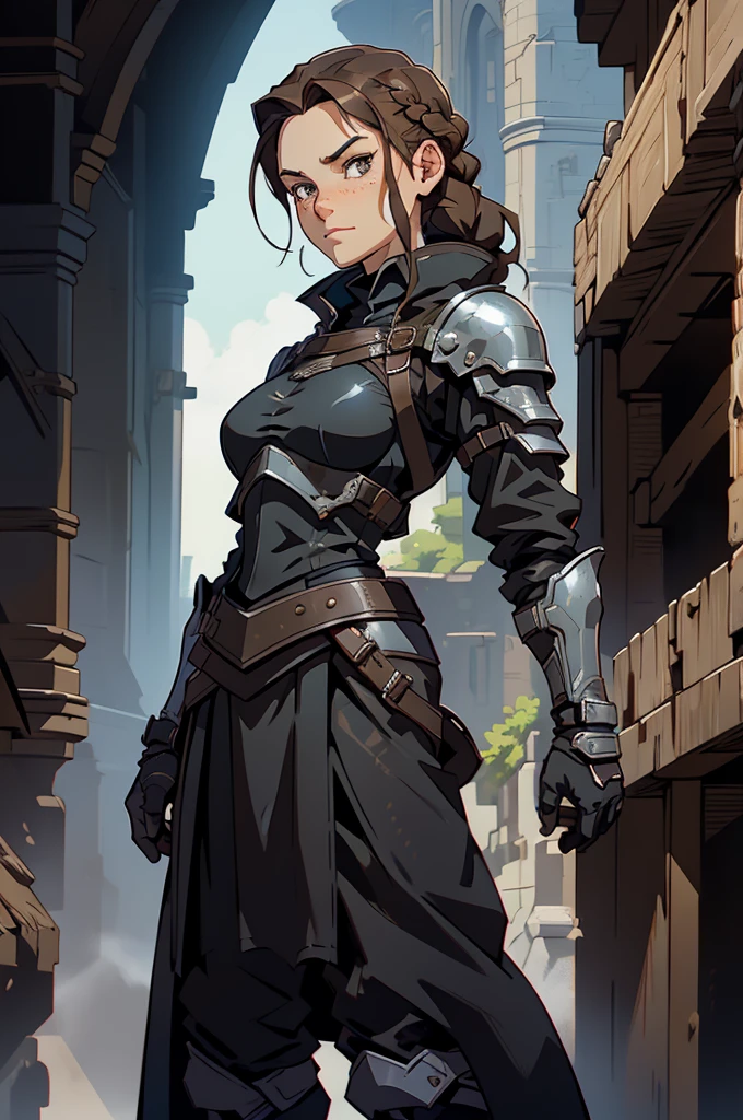 girl, sharp eyes, freckles, smirk, brown hair, braids, standing proud, standing position, black armor, black breastplate, back-hanging sworn, black shirt, compression shirt, black skirt, office background, long skirt, best quality, expressive eyes, perfect face, masterpiece, 4K, 8K