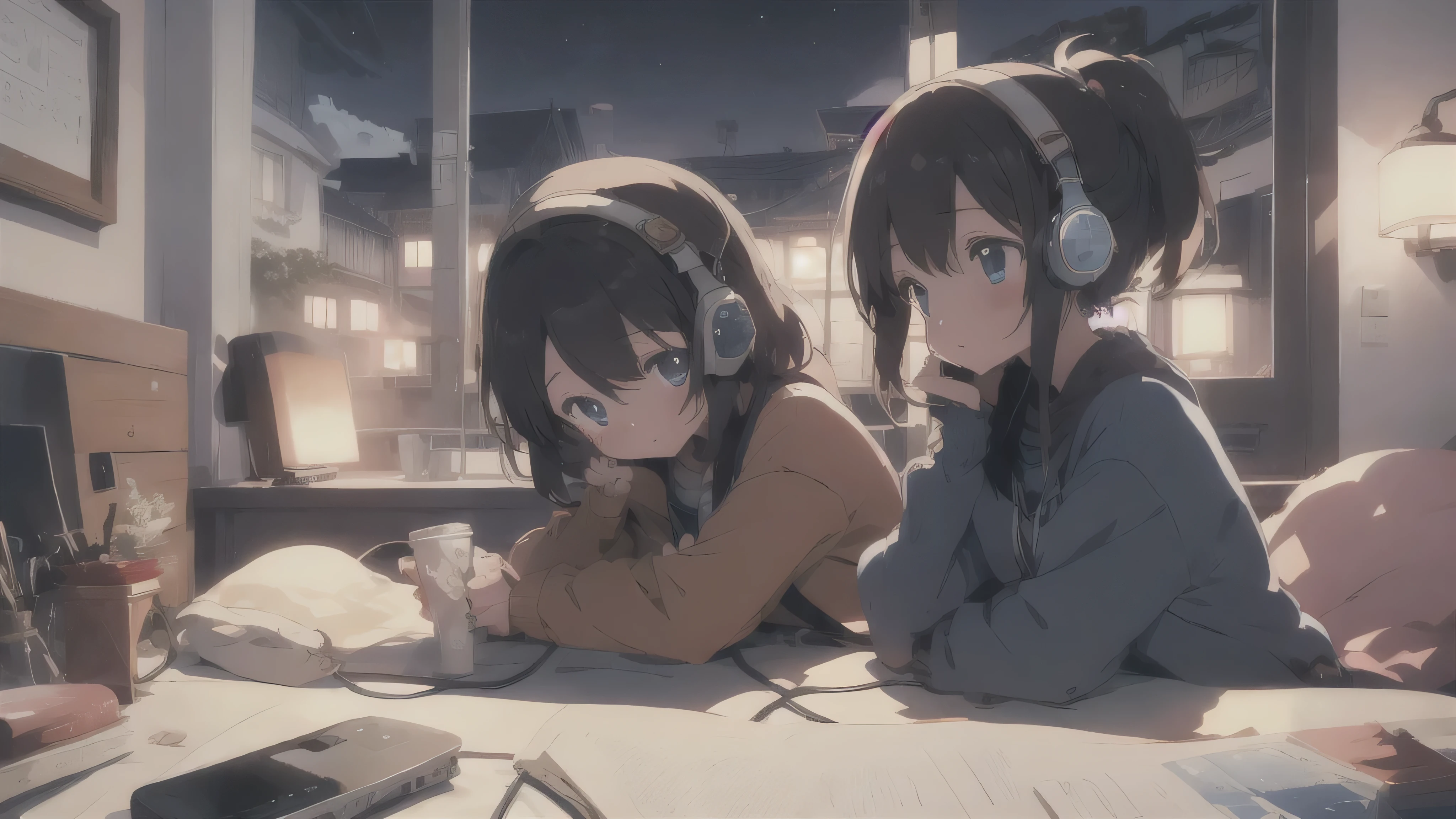night、Girl listening to music in a cozy room, Using headphones, 2D-style animation, Lo-Fi, Very detailed, hard disk