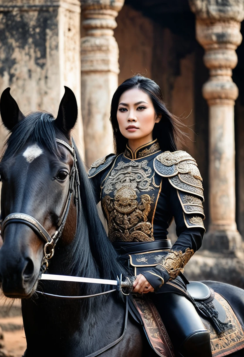 Vertical image, Thai female general with black hair, brown eyes, Has a tattoo of amulets and characters on his arm., She wore dark black armor., Holding a sword in a scabbard with an exquisite Thai pattern., She is on a black horse., (There was an army in black riding on black horses behind her.), (The background is an ancient ruin and smoke.), There is a flock of crows in the sky., (The mood of the picture is full of strength and fierceness.)