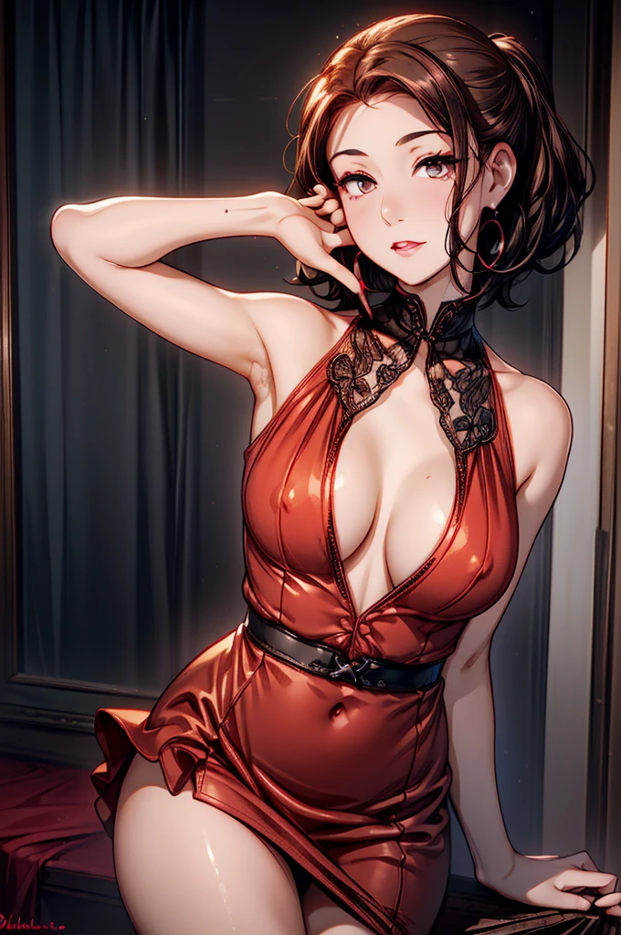 (8K HDR photorealistic pic), Betty Boop, short, althetic, curvy lady, ((tight little red dress)), dark eyebrows, black lipstick, (hoop earrings), dark eyeshadow, black lipstick, curvy, busty, (curly short black hair), shortstack, (retroussé breasts), darling figure, (supple pouting breasts), firm thighs, hourglass figure, kerchief, big brown eyes, dancing seductively