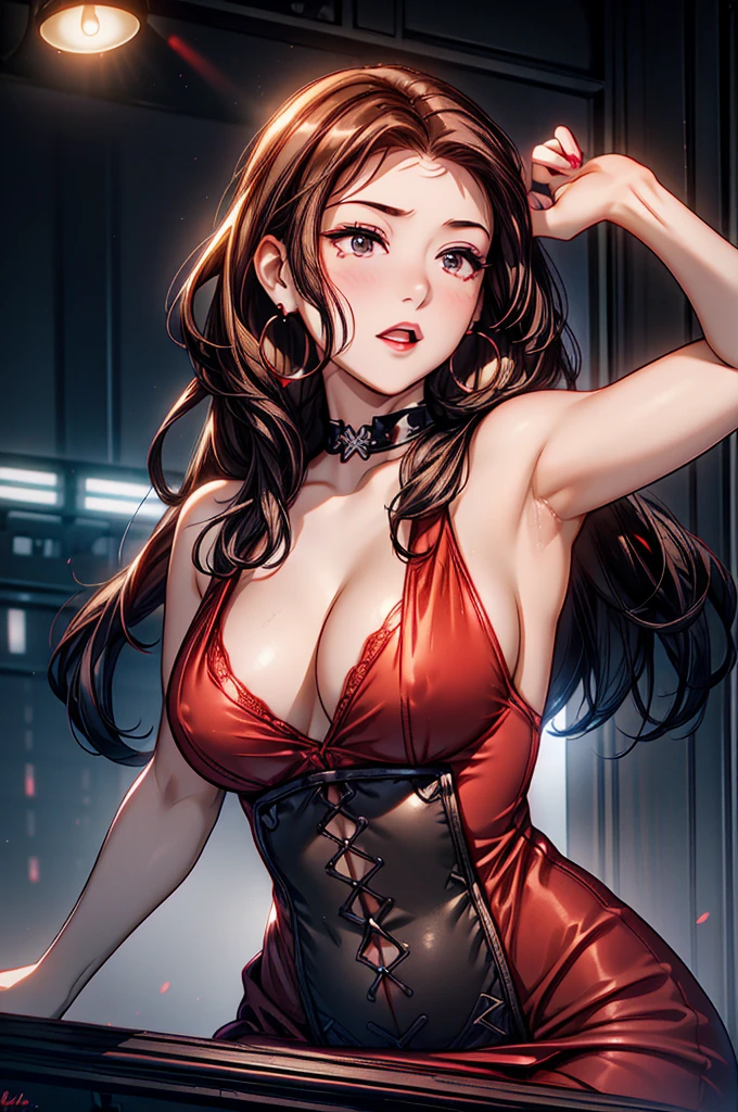 (8K HDR photorealistic pic), Betty Boop, short, althetic, curvy lady, ((tight little red dress)), dark eyebrows, black lipstick, (hoop earrings), dark eyeshadow, black lipstick, curvy, busty, (curly short black hair), shortstack, (retroussé breasts), darling figure, (supple pouting breasts), firm thighs, hourglass figure, kerchief, big brown eyes, dancing seductively