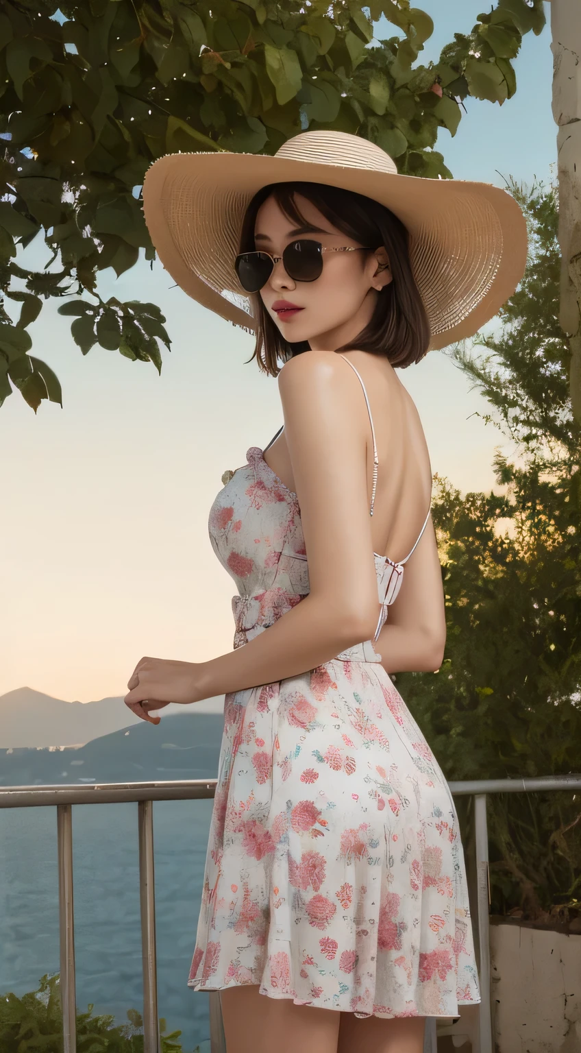 masutepiece, Best Quality, Illustration, Ultra-detailed, finely detail, high resolution, 8K Wallpaper, Perfect dynamic composition, Beautiful detailed eyes, Bobcut, Natural Lip, middle breasts, cleavage,full body, modern, Highest quality, modern summer fashion, wearing a stylish summer dress with light fabric, vibrant colors, and floral patterns, accessorized with a sun hat and sunglasses, back view included、I can't see your face、Less exposed skin