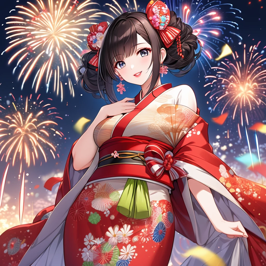{L{worst quality, low-quality}, ((a closeup)), (girl with:1.2), (Big breasts), (A dark-haired, short-cut:1.3), plump shiny lips, Beautiful clear eyes, (The best smile), Spoken Heart, (perfect hand:1.2), (firework theme:1.4), (Japanese courtesan girl with:1.3), (Comes with maxi length red kimono [yellow] Obi:1.4), (Highly detailed and colorful embroidery and fancy firework patterns :1.3), (off shoulders:1.4), (geta:1.2), (Fancy hair ornaments:1.3), ((super huge ribbon:1.2) in front of the waist:1.3), low angle shot, (dazzling fireworks light1.4), (beautiful fireworks background:1.2), masutepiece,Best Quality,ultra-detailliert, ​masterpiece,