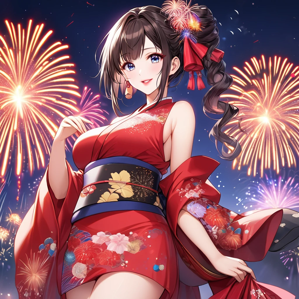 {L{worst quality, low-quality}, ((a closeup)), (girl with:1.2), (Big breasts), (A dark-haired, short-cut:1.3), plump shiny lips, Beautiful clear eyes, (The best smile), Spoken Heart, (perfect hand:1.2), (firework theme:1.4), (Japanese courtesan girl with:1.3), (Comes with maxi length red kimono [yellow] Obi:1.4), (Highly detailed and colorful embroidery and fancy firework patterns :1.3), (off shoulders:1.4), (geta:1.2), (Fancy hair ornaments:1.3), ((super huge ribbon:1.2) in front of the waist:1.3), low angle shot, (dazzling fireworks light1.4), (beautiful fireworks background:1.2), masutepiece,Best Quality,ultra-detailliert, ​masterpiece,