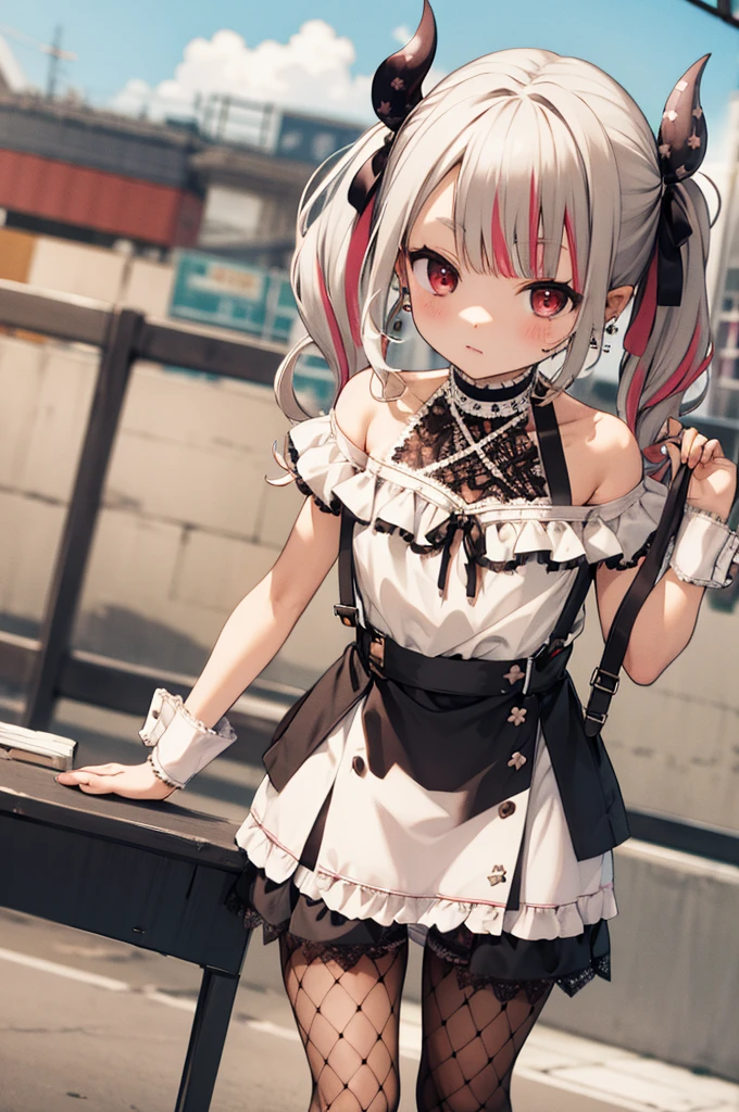 hmnab, multicolored hair, hair bow, twintails, white shirt, black skirt, fishnets, suspender skirt, bare shoulders, earrings, puffy sleeves,blonde,(((petite,lace panties))),outdoor