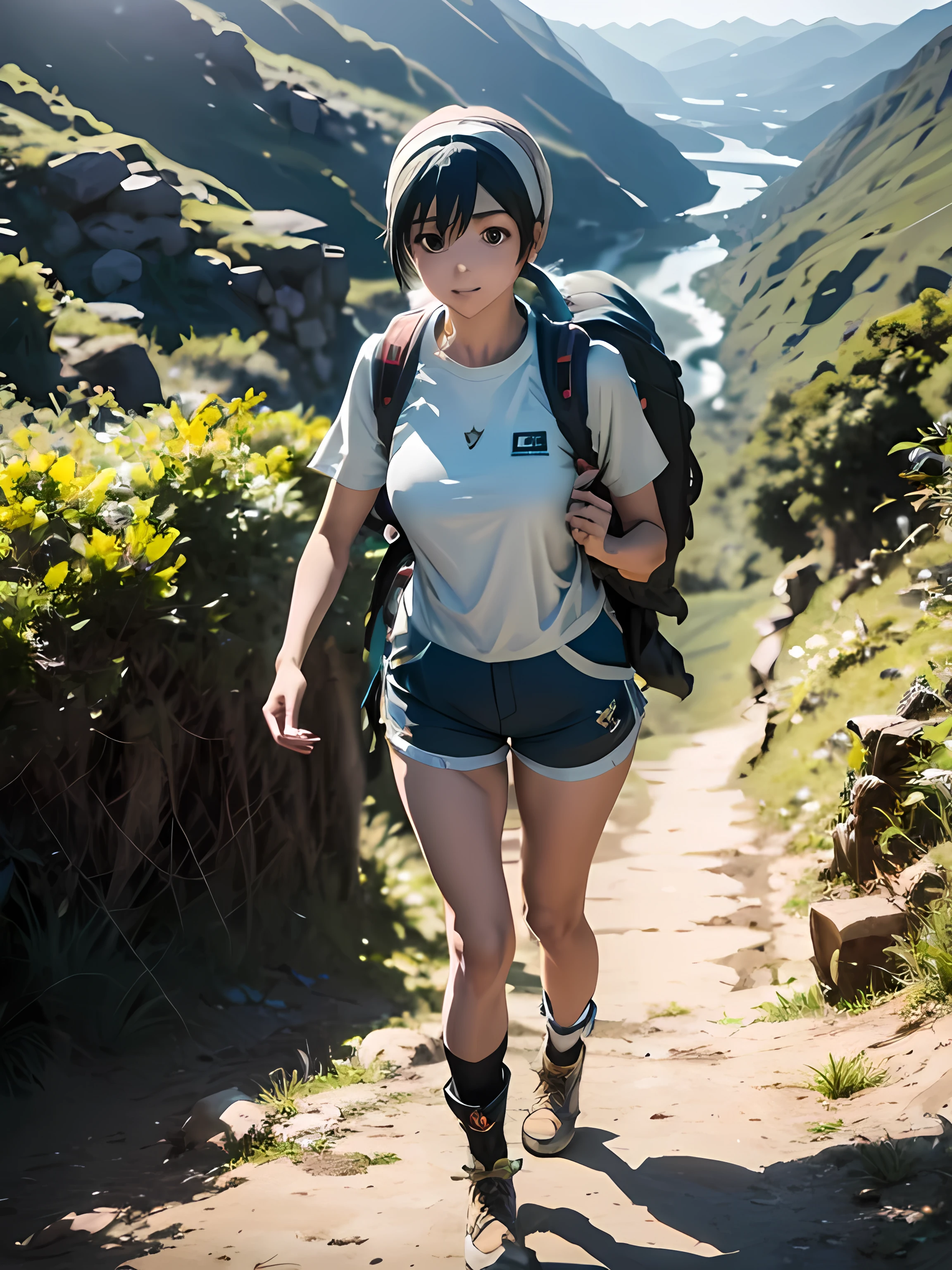 (masterpiece、Highest quality、Highest quality、Official Art、Beautiful and beautiful:1.2)、(One Girl:1.3)hatsune miku、Twin tails,Beautiful breasts,there is a Walking woman down a dirt road with a backpack, time to climb the mountain path, The blossoming road to heaven, White shorts and hiking boots, The Best of Adobe Stock, spring day, Walking woman, Shutterstock, Woman carrying a backpack, Young woman wearing shorts