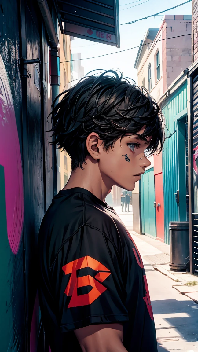 (8k, CRU photo, highest quallity, work of art:1.2), High definition RAW color photo, professional photograpy, cinematic light,graffiti comics, shiny colors, bold typography, A boy wearing a t-shirt with an illustration, in profile photo, detailed skull illustration, Comic Style Shading, spray paint effect, cartoon elements, Illustrates??the skeleton, Pier with colorful letters and illustrations, Urban context.