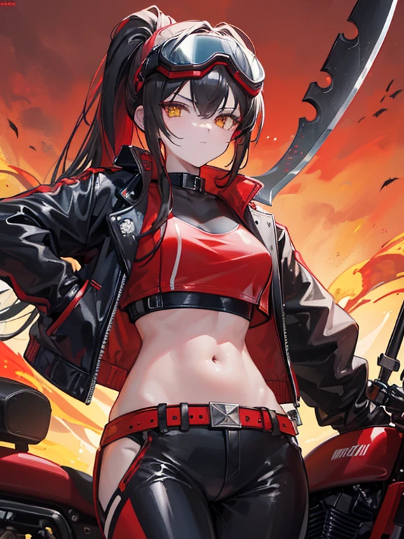 ((best quality)), ((masterpiece)), (detailed), 1girl, long black ponytail with red highlights, black latex pants, crop top, red jacket, motorcycle goggles on head, yellow eyes, holding flaming axe, mechanical axe, axe with exhauster pipes, motorcycle, desert background