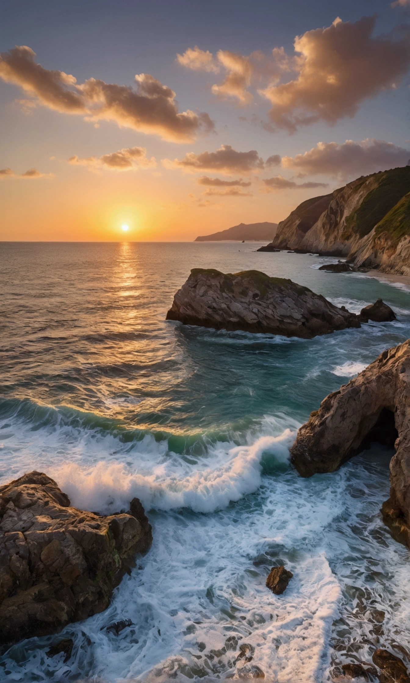 "Imagine a serene coastal scene during the golden hour, where sea and sky merge in a breathtaking embrace. This picture was taken with a Canon EOS R5, Equipped with a 70-200mm F/2.8 lens, to create a high-resolution composition, that captures the vastness of the sea and the sky. Camera settings include a 45-megapixel sensor, The result is an impressive 16K resolution. To ensure optimal quality and minimal noise, An ISO value of 200 has been selected. The shutter speed was set to 1/200s, Freezing the moment in time, while the large aperture of f/2.8 enabled artistic depth of field and improved light capture."
