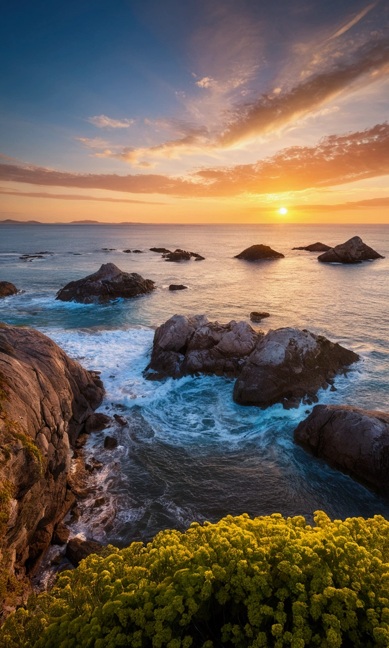 "Imagine a serene coastal scene during the golden hour, where sea and sky merge in a breathtaking embrace. This picture was taken with a Canon EOS R5, Equipped with a 70-200mm F/2.8 lens, to create a high-resolution composition, that captures the vastness of the sea and the sky. Camera settings include a 45-megapixel sensor, The result is an impressive 16K resolution. To ensure optimal quality and minimal noise, An ISO value of 200 has been selected. The shutter speed was set to 1/200s, Freezing the moment in time, while the large aperture of f/2.8 enabled artistic depth of field and improved light capture."