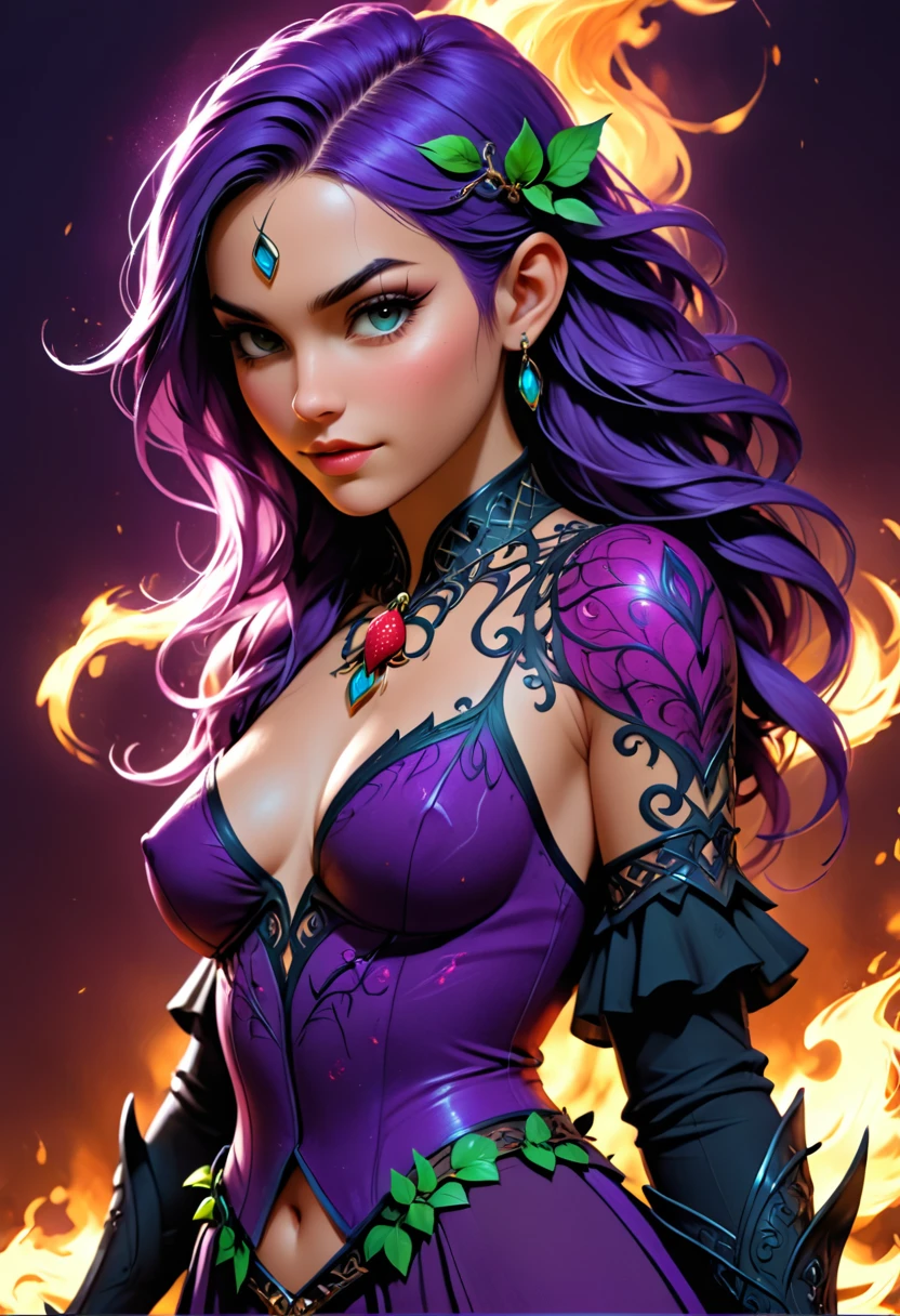 Arafed, Dark fantasy art, fantasy art, goth art, a picture of a tattoo on the back of a female elf, a glowing tattoo of a ((strawberry: 1.3)) on the elf's back, the ((strawberry tattoo)) is vivid, intricate detailed coming to life from the ink to real life, GlowingRunesAI_purple, ((fire surrounds the strawberry: 1.5)), shoot taken from the back, ((the back is visible: 1.3), she wears a transparent black dress, the dress is elegant, flowing, elven style, that the tattoos glow, dynamic hair color, dynamic hair style,  vibrant, Ultra-high resolution, High Contrast, (masterpiece:1.5), highest quality, Best aesthetics), best details, best quality, highres, 16k, (ultra detailed: 1.5), masterpiece, best quality, (extremely detailed) RAW, (ultra details, Masterpiece, best quality) faize, Hyperrealism style