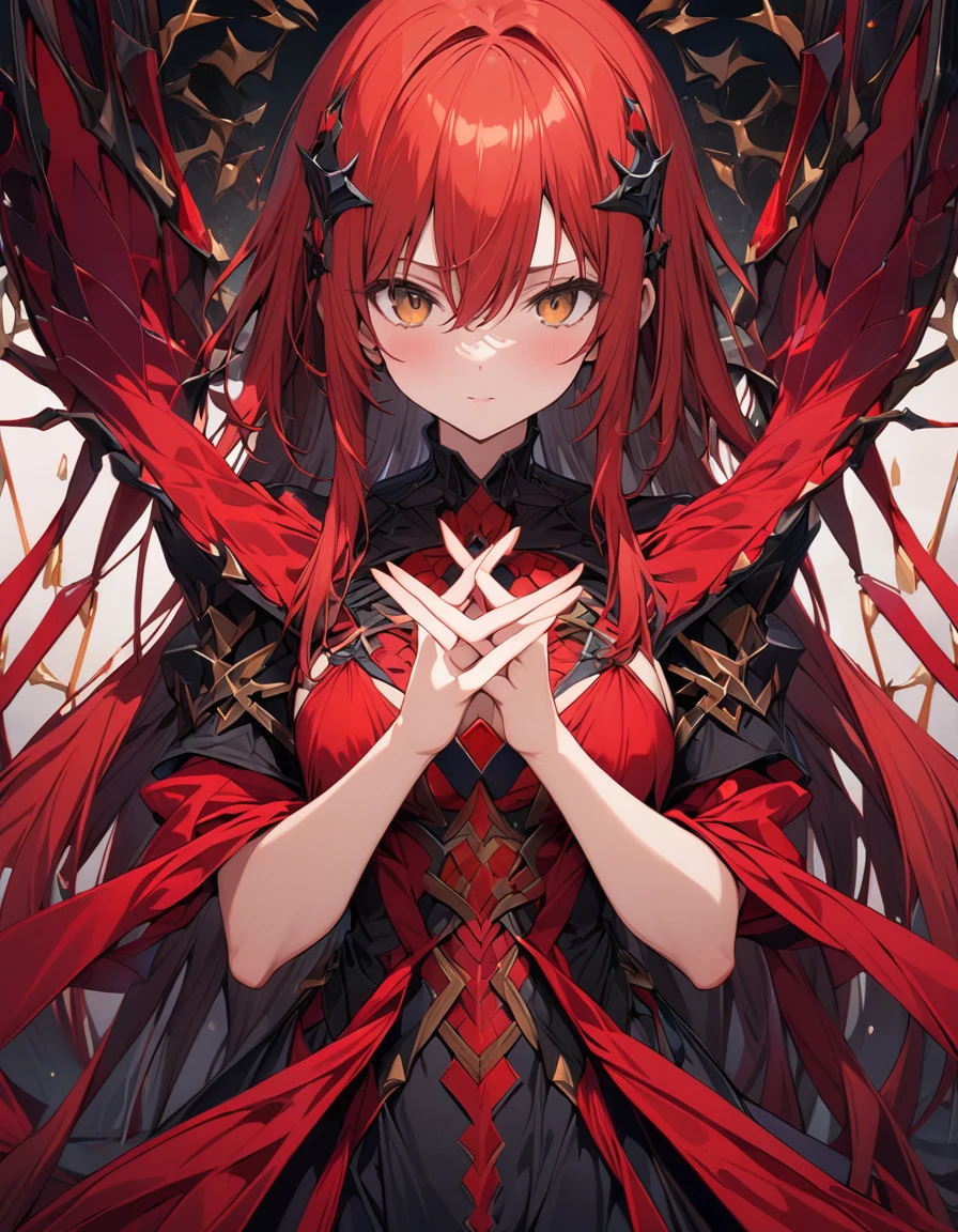 Highest quality,masterpiece,Very detailed, finely, High resolution, 8k wallpaper, finelyて美しい目,Red Haired Girl、The number of fingers is correct、Do not blend your fingers together、Don&#39;t break your fingers、Pose with hands clasped in front of chest、Hands with moe sleeves clasped in front of the chest, a pose as if praying, or an expression full of expectation.