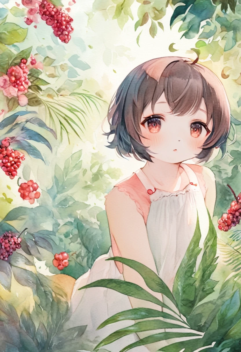 (watercolor texture)cover page, highres, top quality, best quality, paid reward available, unparalleled masterpiece, perfect artwork, absurdres, High-quality illustrations, super high resolution, detailed background, perfect anatomy(1girl, kemono, furry, short hair, cute)(beautiful flowers, berries, ferns, leaves, watercolor pattern of calming colors),