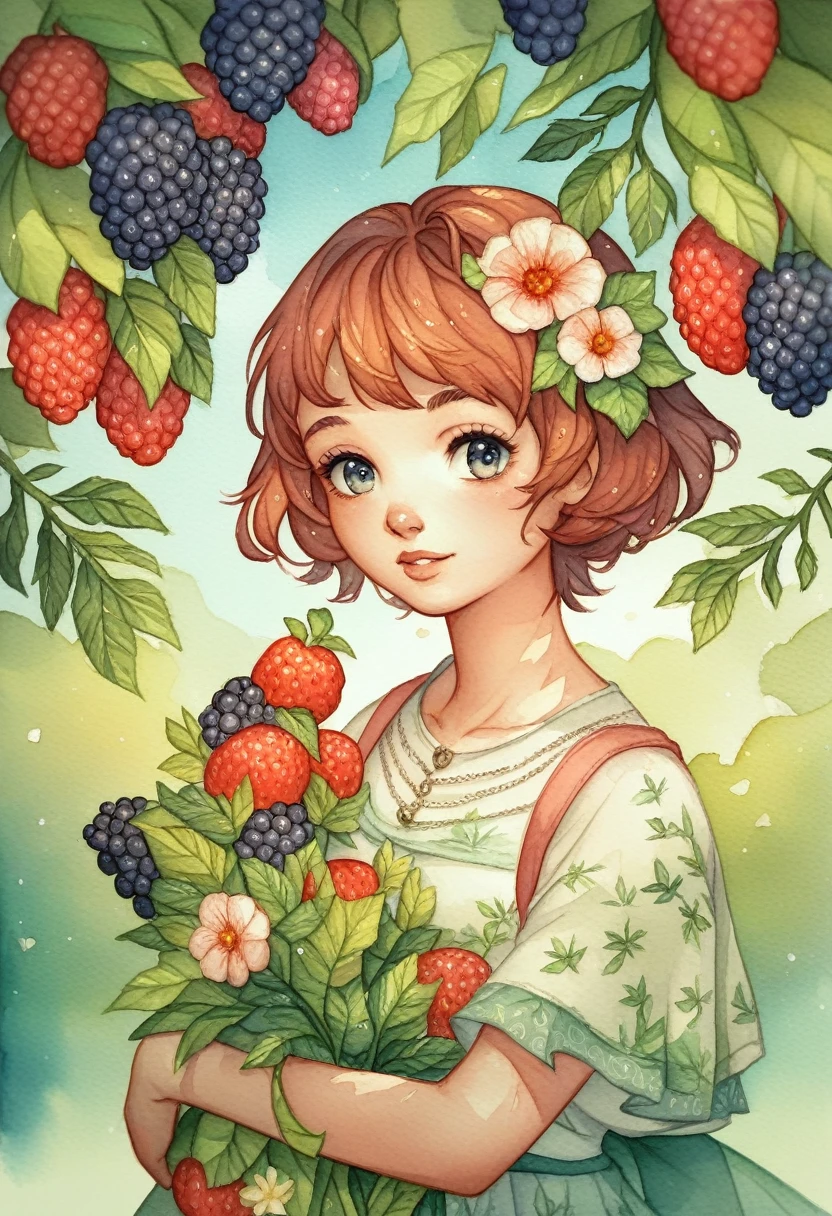 ((super detailed)beautiful flowers, berries, ferns, leaves, watercolor pattern of calming colors)(watercolor texture)(1girl, short hair, cute)