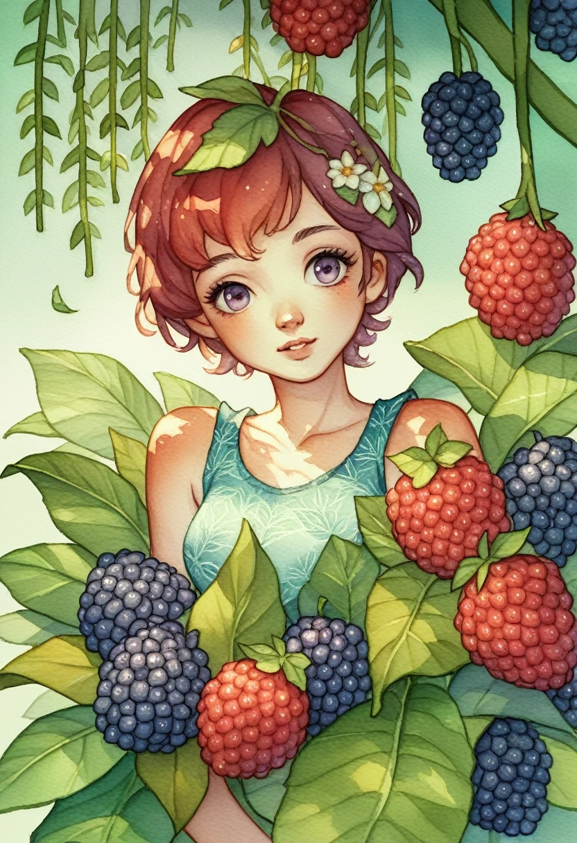 ((super detailed)beautiful flowers, berries, ferns, leaves, watercolor pattern of calming colors)(watercolor texture)(1girl, short hair, cute)