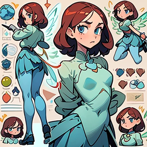 A girl with an angular face and blue eyes, a concentrated and analytical expression.

Long tail  Reddish brown  curly hair

Body with a slim With wide hourglass-shaped hips and a small bust and athletic figure. Light skin. Reflects precision and efficiency.

 in green erótic school uniform (skirt) and with fairy wings With ligth blue  elements  

(((Character sheet))) (various views) ((front and back) (face detail)