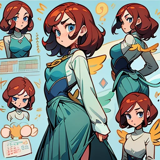A girl with an angular face and blue eyes, a concentrated and analytical expression.
Long tail Reddish brown curly hair
Body with a slim With wide hourglass-shaped hips and a small bust and athletic figure. Light skin. Reflects precision and efficiency.
in green erótic school uniform (skirt) and with fairy wings With ligth blue elements
(((Character sheet))) (various views) ((front and back) (face detail)