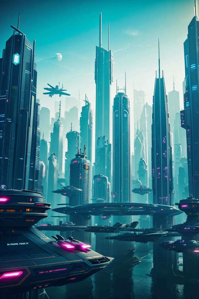 A futuristic megacity on an unknown planet, in the style of No Man's Sky. Tall, illuminated skyscrapers that blend seamlessly with nature. Flying ships in the sky, unusual plants and animals. Bright neon lighting, panoramic views. An atmosphere of mystery and discovery
