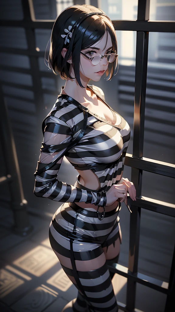 (Rear view, Back picture),(masterpiece:1.3), ((best quality:1.3), I have no idea, 1 girl, Polarized glasses, old, short hair, Solitary, collar, There is a mole above the mouth, sunglasses, large old, ((Ropa About Us)), ((Striped clothes)), prisoner, shirt, Striped Prisoner Scrubs, The clothes were torn,upper part of body, shackles, black and white lines, (Prison bars background :1.4), (iron groceries),( Show off black underwear),( Vibrant colors), (prisoner:1.4 ), (Delicate face :1.4) Beautiful breasts、Huge breasts:1.4
