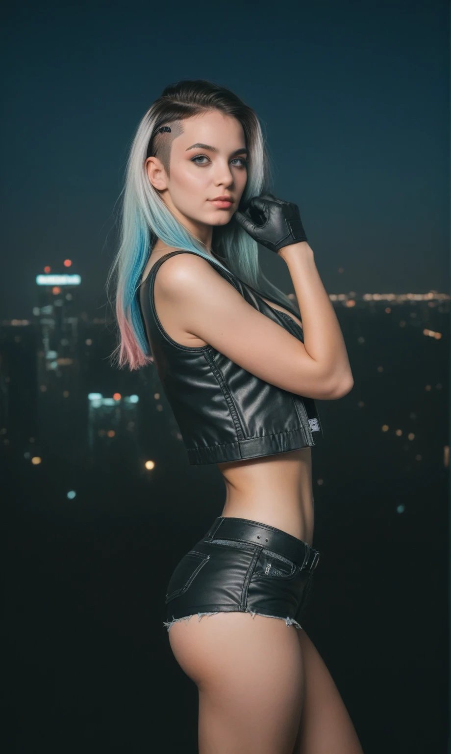 (score_9, score_8_up, score_7_up, score_6_up, score_5_up, score_4_up, realistic style, photo, photorealistic, high detail, sharp), cyberpunk style photo, portrait of a beautiful cyberpunk girl, multi-colored tousled hair, slim figure, magnificent breasts, round ass, leather vest with metal inserts, black gloves, short leather shorts, metal exoskeleton, night lighting, ((against the background of the night city)), Night City, (looking at the viewer)tag1, tag2