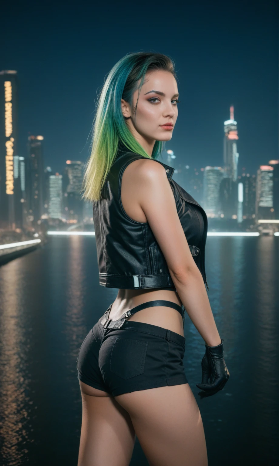 (score_9, score_8_up, score_7_up, score_6_up, score_5_up, score_4_up, realistic style, photo, photorealistic, high detail, sharp), cyberpunk style photo, portrait of a beautiful cyberpunk girl, multi-colored tousled hair, slim figure, magnificent breasts, round ass, leather vest with metal inserts, black gloves, short leather shorts, metal exoskeleton, night lighting, ((against the background of the night city)), Night City, (looking at the viewer)tag1, tag2