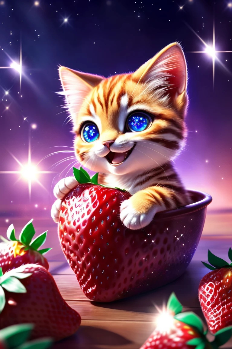(Highest quality、masterpiece、8k))、Anatomically correct、Very detailed、High resolution、Realistic、((Beautiful, sparkling, detailed eyes))、Intricate details、((Dynamic composition))、kitten、Big head、Holding a very large strawberry、((I can&#39;t hide my joy))、very delicious、A sparkling smile