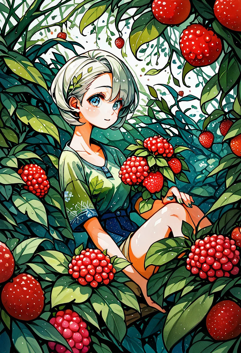 ((super detailed)beautiful flowers, berries, ferns, leaves, watercolor pattern of calming colors)(watercolor texture)(1girl, short hair, cute)