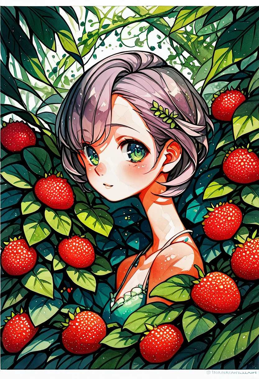((super detailed)beautiful flowers, berries, ferns, leaves, watercolor pattern of calming colors)(watercolor texture)(1girl, short hair, cute)