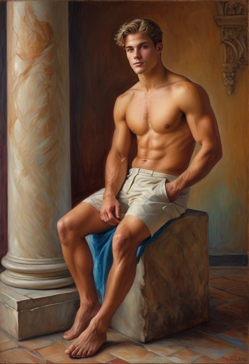  illustrationBody Position: Leaning against a wall or surface with a slight twist.
Facial Expression: Confident and relaxed.
Leg Position: One leg bent, the other straight.
Arm Position: One arm bent, resting on the wall, the other relaxed.
Emotion: Casual strength and approachability. symmetrical composition, oil painting in paul chabas and paul cadmus style, vivid colors, intricated details, in oil painting romanticism and realism style, full body of a young man having a drink Selfie next to a very handsome blonde green eyes Swiss guard in St. Peter's Square in the Vatican arrogant look and smile, shirtless barefoot wearing shorts, atmosphere of wealth and power, very detailed scene. red hair, blue eyes, maximum male beauty, perfect symmetrical body, slim muscular, focus on the details of his body, A stunning ((he is shirtless, pantless, barefoot small erected pe) and gairectly at the viewer with bright blue eyes and a confident expression. His red hair falls across his square chin, and his full lips curve upward in a smile. The lighting is warm and intimate, casting no shadows. In the Focus on ultra-detailed rendering of his pecs, abs, biceps, and shoulders, with a hint of waist definition. The painting style is classical, with an emphasis on fine details like skin texture and facial features. The young man's body tilts slightly to one side, drawing the viewer's eye to his smooth and delicate skin. His eyes are big and delicate, open wide in a sensual gaze that seems to beckon the viewer closer. The overall atmosphere is one of lustful intensity, wdeep colors and a sense of intimacy. The depth of field is 1.2, allowing for a clear view of the subject's abdominal muscles