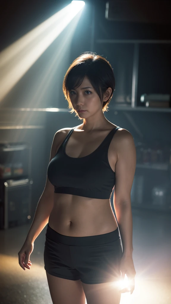 NSWF,One girl,Mature Woman,40 years old,alone,short hair,whole body,storehouse,Moody lighting,Tyndall effect,Cinema Lighting,Lens flare,Available Light,Rim Light,Curvy,Tank top,Japanese girl,