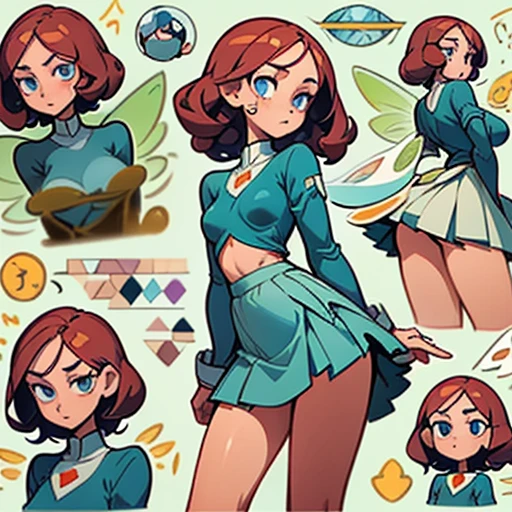 A girl with an angular face and blue eyes, a concentrated and analytical expression.

Long tail  Reddish brown  curly hair

Body with a slim With wide hourglass-shaped hips and a small bust and athletic figure. Light skin. Reflects precision and efficiency.

 in green erótic school uniform (skirt) and with fairy wings With ligth blue  elements  

(((Character sheet))) (various views) ((front and back) (face detail)