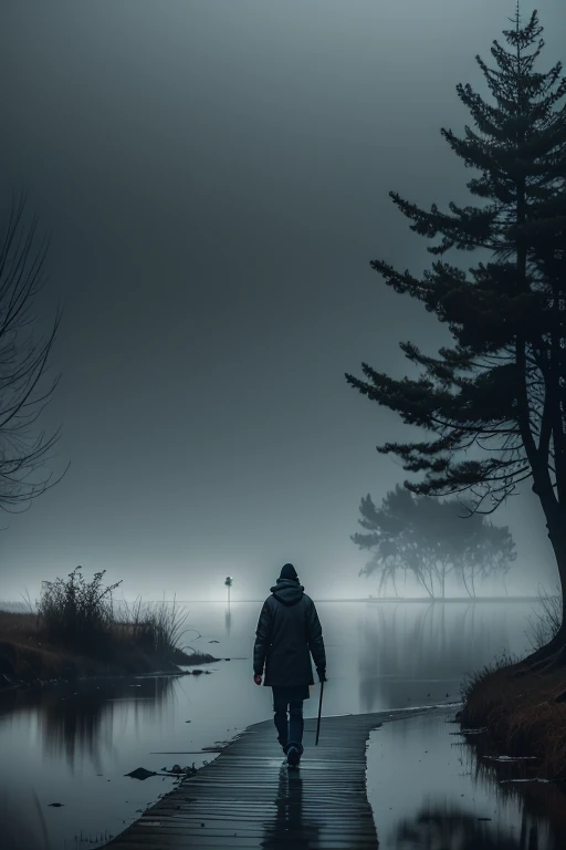 Person walking towards the lake, dark evening, Scene from horror, dense fog