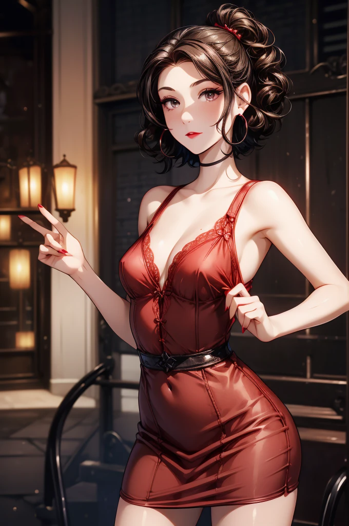 (8K HDR photorealistic pic), Betty Boop, short, althetic, curvy lady, ((tight little red dress)), dark eyebrows, black lipstick, (hoop earrings), dark eyeshadow, black lipstick, curvy, busty, (curly short black hair), shortstack, (retroussé breasts), darling figure, (supple pouting breasts), firm thighs, hourglass figure, kerchief, big brown eyes, dancing seductively