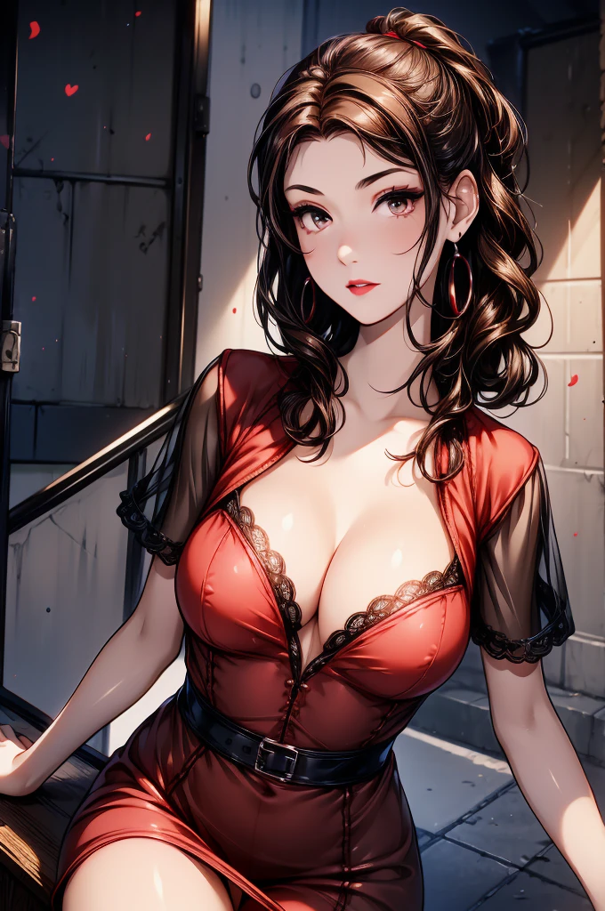 (8K HDR photorealistic pic), Betty Boop, short, althetic, curvy lady, ((tight little red dress)), dark eyebrows, black lipstick, (hoop earrings), dark eyeshadow, black lipstick, curvy, busty, (curly short black hair), shortstack, (retroussé breasts), darling figure, (supple pouting breasts), firm thighs, hourglass figure, kerchief, big brown eyes, dancing seductively