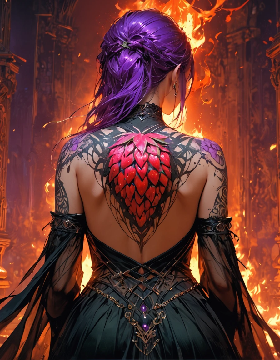 Arafed, Dark fantasy art, fantasy art, goth art, a picture of a tattoo on the back of a female elf, a glowing tattoo of a ((strawberry: 1.3)) on the elf's back, the ((strawberry tattoo)) is vivid, intricate detailed coming to life from the ink to real life, GlowingRunesAI_purple, ((fire surrounds the strawberry: 1.5)), shoot taken from the back, ((the back is visible: 1.3), she wears a transparent black dress, the dress is elegant, flowing, elven style, that the tattoos glow, dynamic hair color, dynamic hair style, vibrant, Ultra-high resolution, High Contrast, (masterpiece:1.5), highest quality, Best aesthetics), best details, best quality, highres, 16k, (ultra detailed: 1.5), masterpiece, best quality, (extremely detailed) RAW, (ultra details, Masterpiece, best quality) faize, Digital Painting,