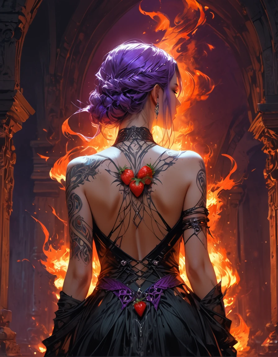 Arafed, Dark fantasy art, fantasy art, goth art, a picture of a tattoo on the back of a female elf, a glowing tattoo of a ((strawberry: 1.3)) on the elf's back, the ((strawberry tattoo)) is vivid, intricate detailed coming to life from the ink to real life, GlowingRunesAI_purple, ((fire surrounds the strawberry: 1.5)), shoot taken from the back, ((the back is visible: 1.3), she wears a transparent black dress, the dress is elegant, flowing, elven style, that the tattoos glow, dynamic hair color, dynamic hair style, vibrant, Ultra-high resolution, High Contrast, (masterpiece:1.5), highest quality, Best aesthetics), best details, best quality, highres, 16k, (ultra detailed: 1.5), masterpiece, best quality, (extremely detailed) RAW, (ultra details, Masterpiece, best quality) faize, Digital Painting,
