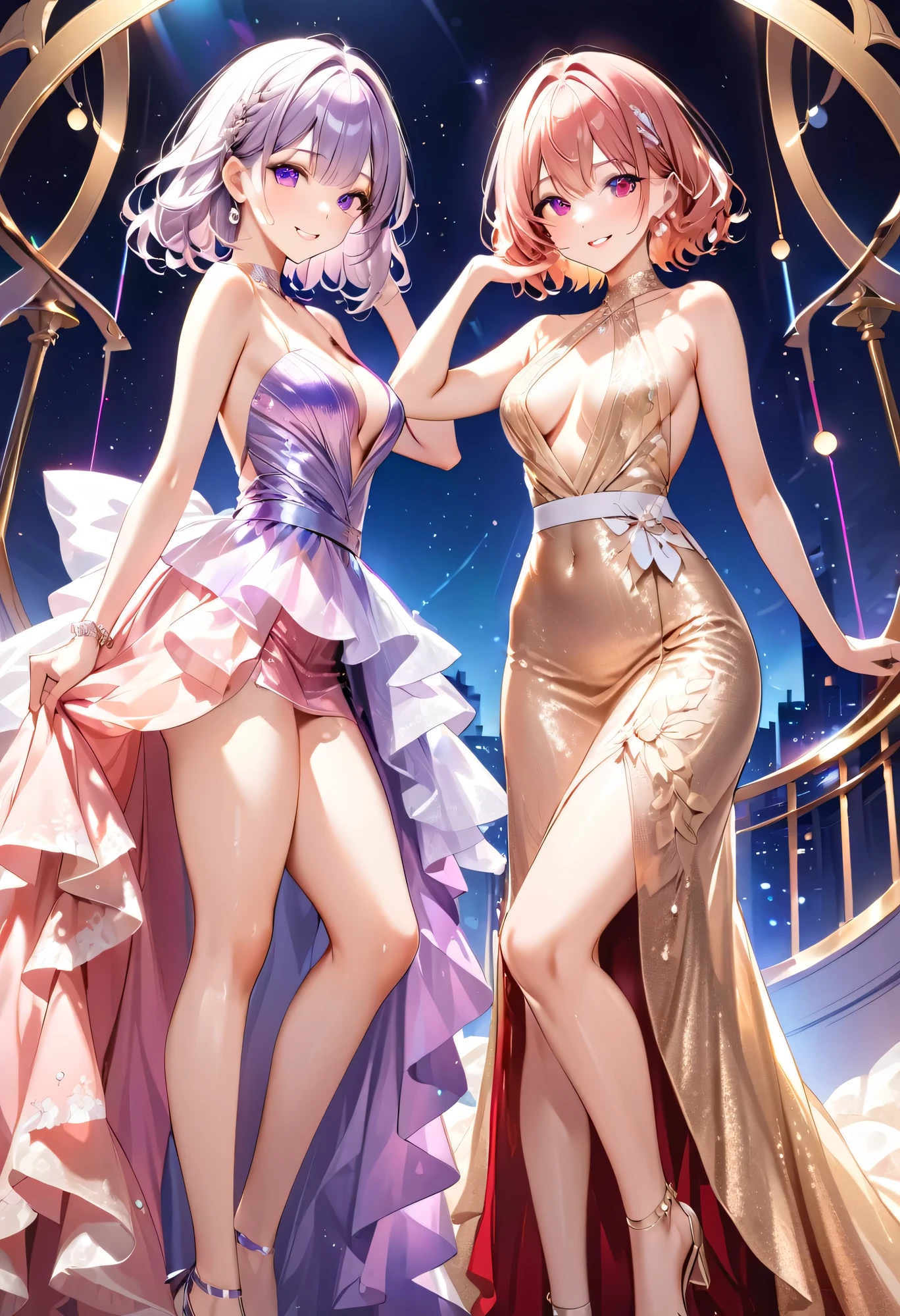Highest quality、High resolution、Detailed Background、Beautiful face in every detail、Normal number of fingers、Highly detailed face、Detailed eyes、Beautiful women in their 20s、Perfect body line、Light color hair、Bobcut、Wavy Hairstyle、well-groomed eyebrows、mysterious、romantic、Dress with confidence、Feminine delicacy、Model pose、
(Two beautiful models smiling broadly at a night party:1.5)、
Tops and dresses that reveal skin、Off-the-shoulder, deep neckline, backless、Lightweight and see-through materials、Sexy one piece、Body-conscious designs and those with slits、Open back and side design、Enhance your sexiness、Pair with heels or strappy sandals、Her feet are sexy too、very beautiful
