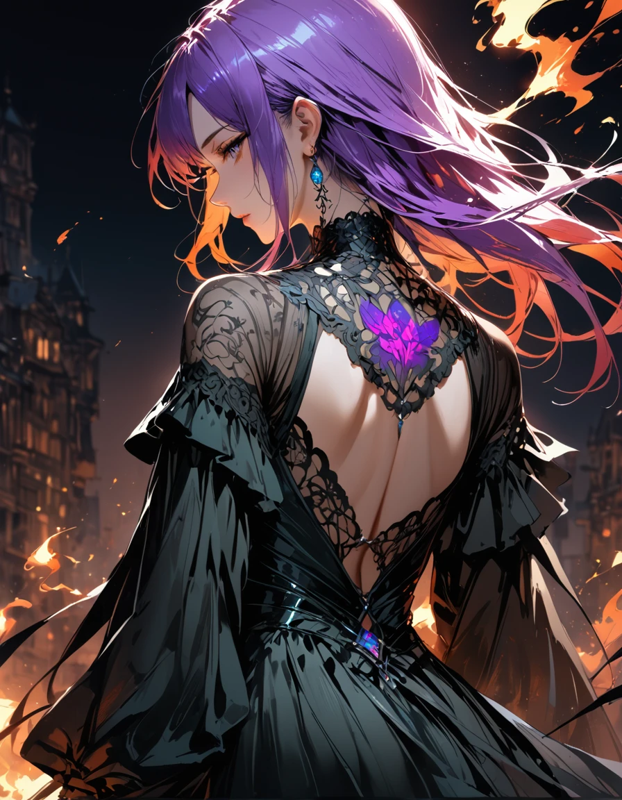 Arafed, Dark fantasy art, fantasy art, goth art, a picture of a tattoo on the back of a female elf, a glowing tattoo of a ((strawberry: 1.3)) on the elf's back, the ((strawberry tattoo)) is vivid, intricate detailed coming to life from the ink to real life, GlowingRunesAI_purple, ((fire surrounds the strawberry: 1.5)), shoot taken from the back, ((the back is visible: 1.3), she wears a transparent black dress, the dress is elegant, flowing, elven style, that the tattoos glow, dynamic hair color, dynamic hair style,  vibrant, Ultra-high resolution, High Contrast, (masterpiece:1.5), highest quality, Best aesthetics), best details, best quality, highres, 16k, (ultra detailed: 1.5), masterpiece, best quality, (extremely detailed) RAW, (ultra details, Masterpiece, best quality) faize, Digital Painting, 