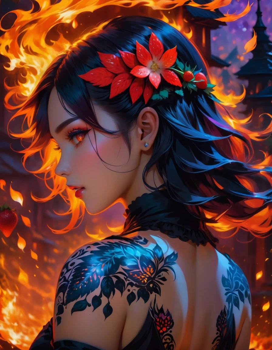 Arafed, Dark fantasy art, fantasy art, goth art, a picture of a tattoo on the back of a female elf, a glowing tattoo of a ((strawberry: 1.3)) on the elf's back, the ((strawberry tattoo)) is vivid, intricate detailed coming to life from the ink to real life, GlowingRunesAI_purple, ((fire surrounds the strawberry: 1.5)), shoot taken from the back, ((the back is visible: 1.3), she wears a transparent black dress, the dress is elegant, flowing, elven style, that the tattoos glow, dynamic hair color, dynamic hair style,  vibrant, Ultra-high resolution, High Contrast, (masterpiece:1.5), highest quality, Best aesthetics), best details, best quality, highres, 16k, (ultra detailed: 1.5), masterpiece, best quality, (extremely detailed) RAW, (ultra details, Masterpiece, best quality) faize, Digital Painting, 