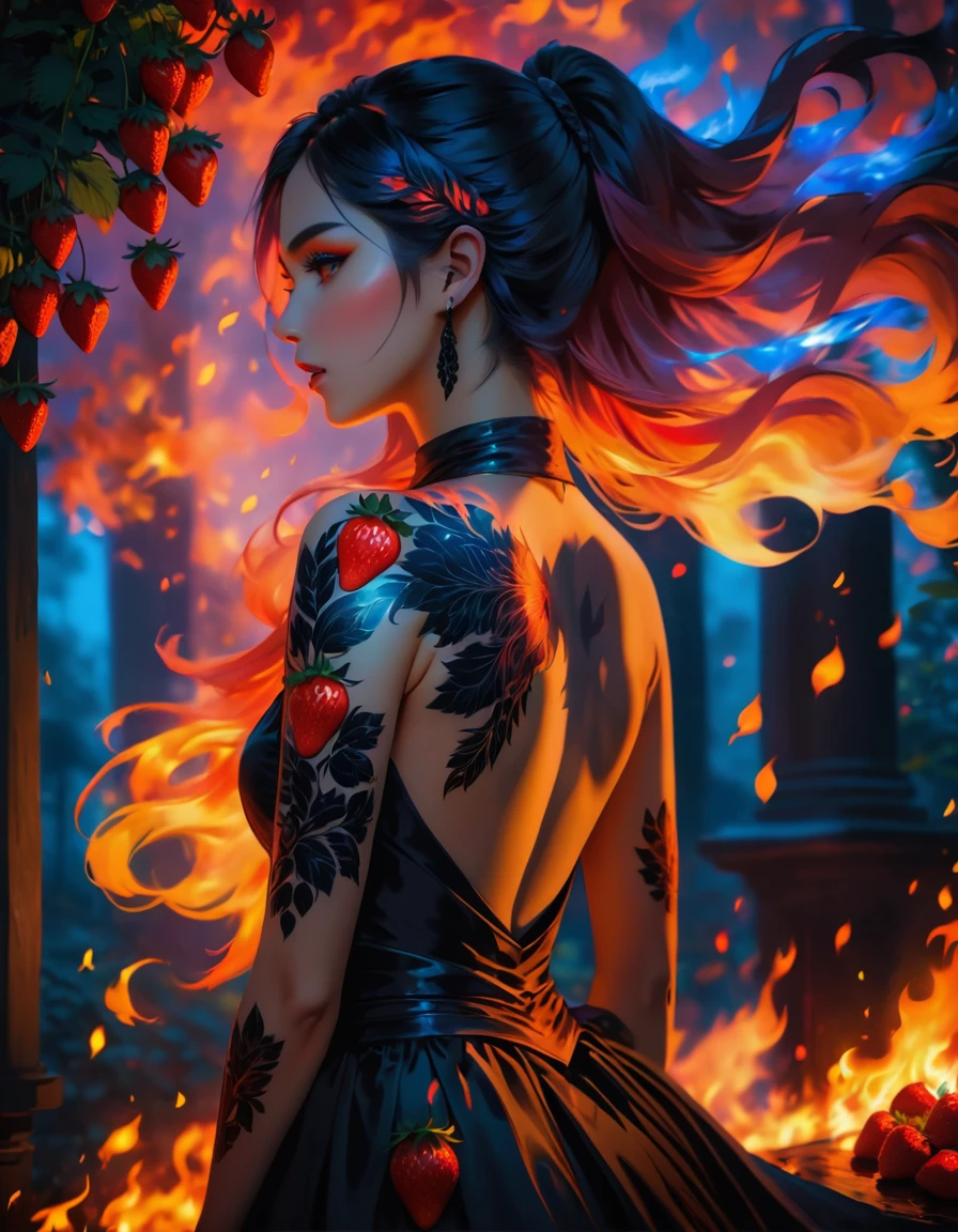 Arafed, Dark fantasy art, fantasy art, goth art, a picture of a tattoo on the back of a female elf, a glowing tattoo of a ((strawberry: 1.3)) on the elf's back, the ((strawberry tattoo)) is vivid, intricate detailed coming to life from the ink to real life, GlowingRunesAI_purple, ((fire surrounds the strawberry: 1.5)), shoot taken from the back, ((the back is visible: 1.3), she wears a transparent black dress, the dress is elegant, flowing, elven style, that the tattoos glow, dynamic hair color, dynamic hair style, vibrant, Ultra-high resolution, High Contrast, (masterpiece:1.5), highest quality, Best aesthetics), best details, best quality, highres, 16k, (ultra detailed: 1.5), masterpiece, best quality, (extremely detailed) RAW, (ultra details, Masterpiece, best quality) faize, Digital Painting,