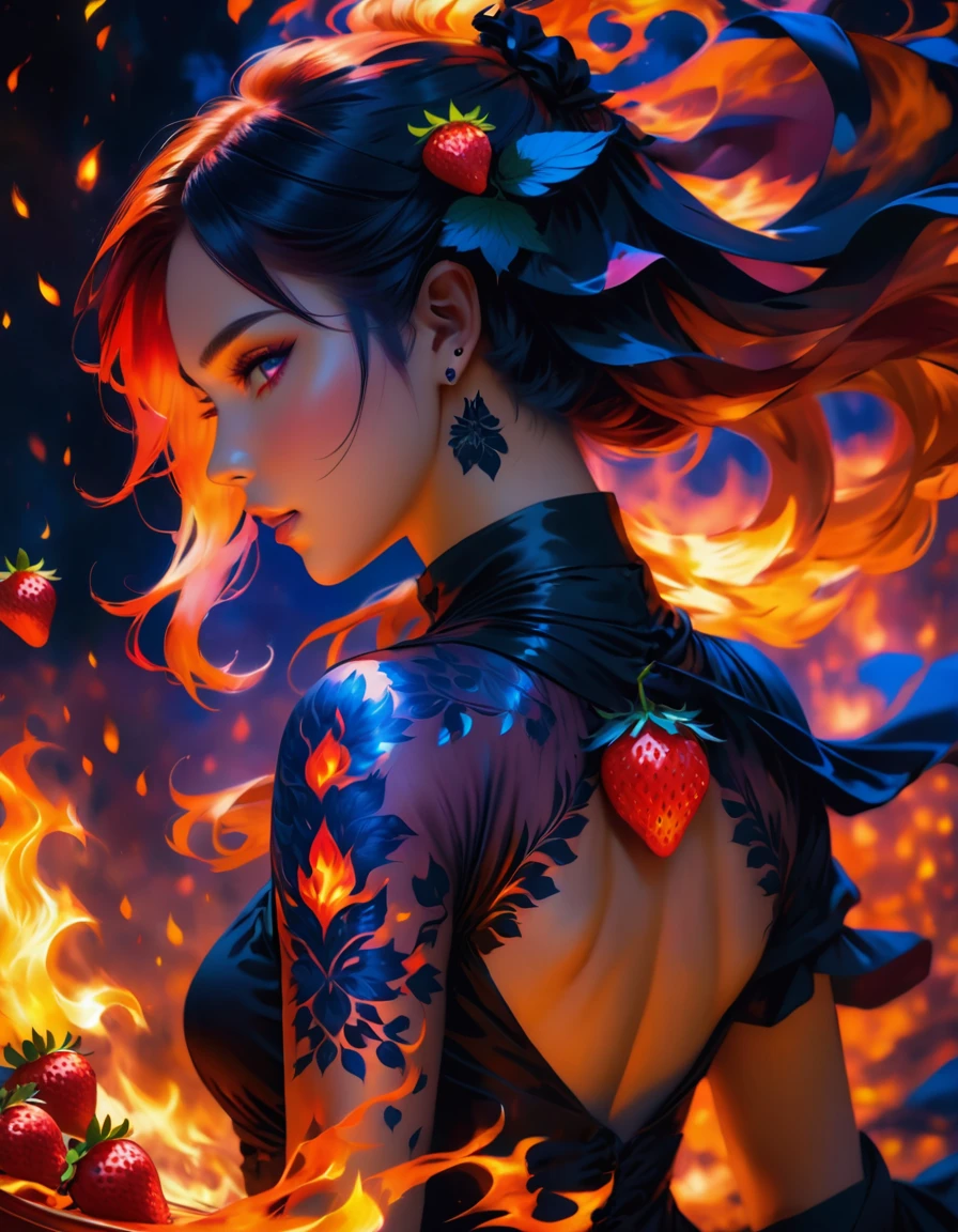 Arafed, Dark fantasy art, fantasy art, goth art, a picture of a tattoo on the back of a female elf, a glowing tattoo of a ((strawberry: 1.3)) on the elf's back, the ((strawberry tattoo)) is vivid, intricate detailed coming to life from the ink to real life, GlowingRunesAI_purple, ((fire surrounds the strawberry: 1.5)), shoot taken from the back, ((the back is visible: 1.3), she wears a transparent black dress, the dress is elegant, flowing, elven style, that the tattoos glow, dynamic hair color, dynamic hair style, vibrant, Ultra-high resolution, High Contrast, (masterpiece:1.5), highest quality, Best aesthetics), best details, best quality, highres, 16k, (ultra detailed: 1.5), masterpiece, best quality, (extremely detailed) RAW, (ultra details, Masterpiece, best quality) faize, Digital Painting,