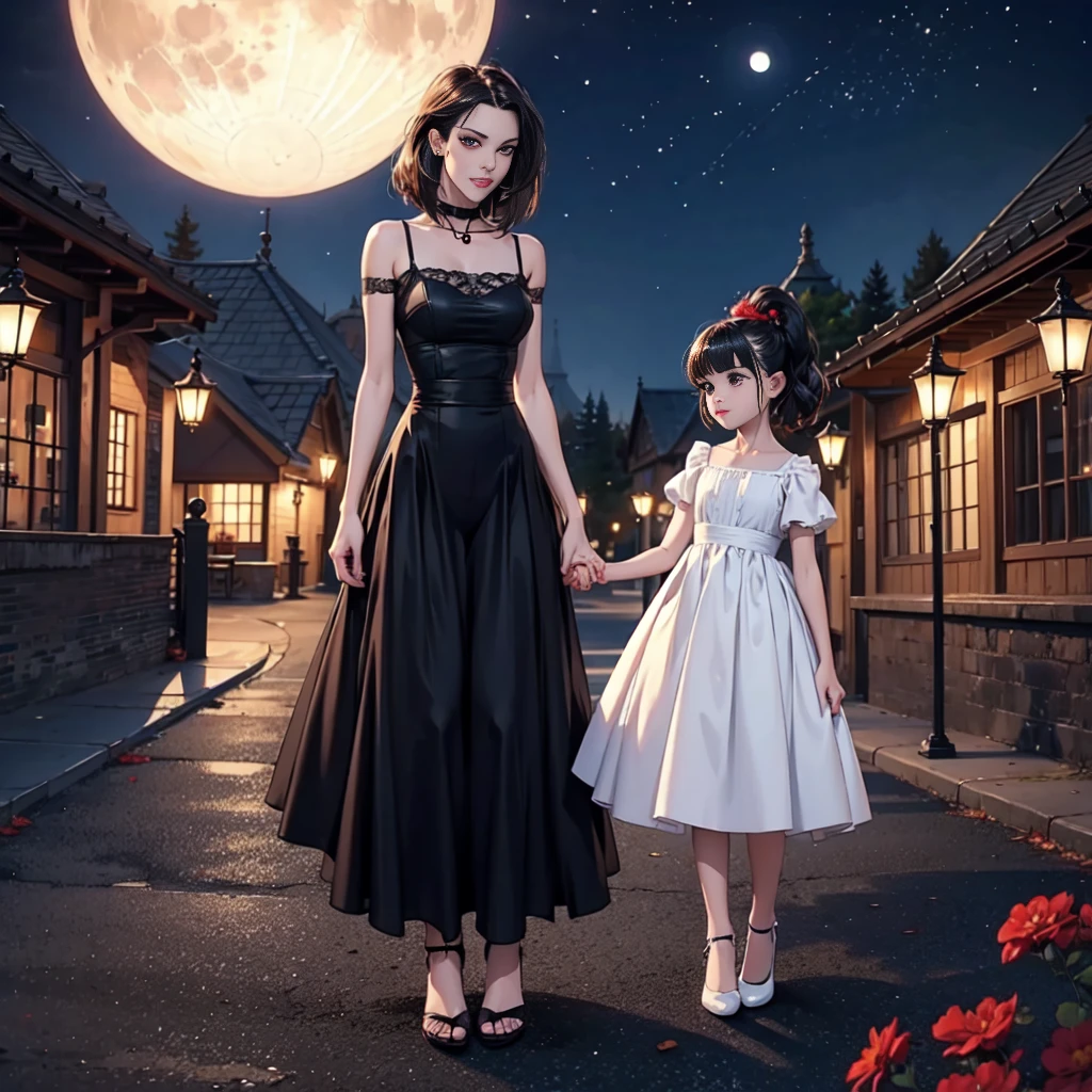 masterpiece, best quality, vampire family, full figure skinny mom whit old daughter, cinematic, moonlight night, best quality, full body shot, an elegant tall slender girl, 8k, perfect and deep shadows, detailed eyes, full body shot, high quality picture, high detailed background, HD shadows, (red glowing eyes:1.2), an evil grin, fangs are visible, pale skin, neodark, christinaricci-ti, chri5tinaricci9899, glowing eyes, thepit