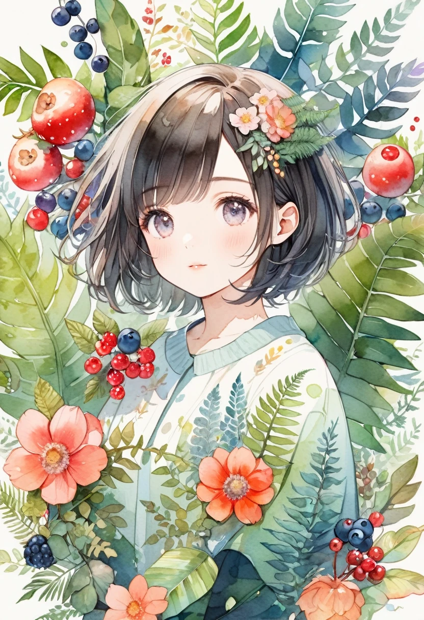 ((super detailed)beautiful flowers, berries, ferns, leaves, watercolor pattern of calming colors)(watercolor texture)(1girl, short hair, cute)