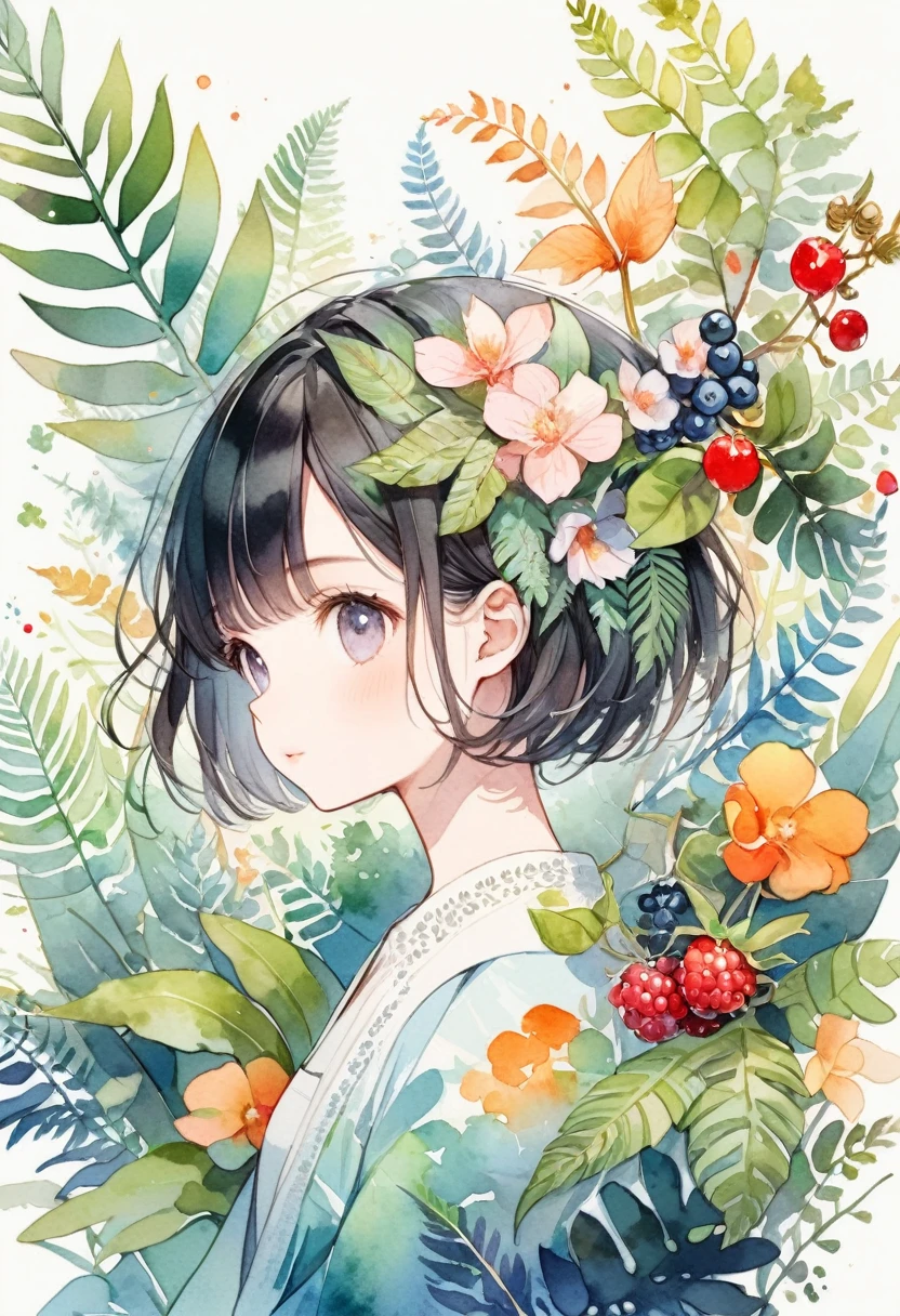 ((super detailed)beautiful flowers, berries, ferns, leaves, watercolor pattern of calming colors)(watercolor texture)(1girl, short hair, cute)