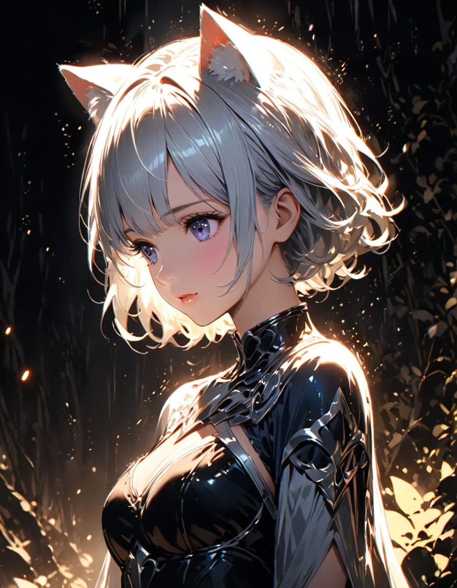 Detailed textures, high quality, high resolution, high accuracy, realism, color correction, correct lighting settings, harmonious composition. The girl stands in the dark, surrounded by particles of light and shimmering silver sparks that form an unearthly glowing silhouette of a cat above her head. The atmosphere is mysterious, and the soft lighting creates a magical atmosphere. Digital illustration. --ar 3:4 --niji 6