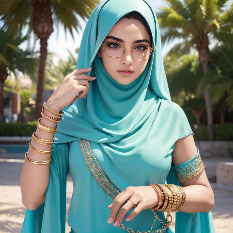 1girl, beautiful 17 year old Arabian girl model, extremely detailed eyes and face, sharp nose, thin lips, oval face, slender body, voluptuous breast, off shoulder hijab, glasses, veil, arm sleeve, golden bangles, bracelets, necklaces, watch, playing football, juggling ball, dribbling, running, skill drills, soccer, stadium, (best quality,4k,8k,highres,masterpiece:1.2),ultra-detailed,(realistic,photorealistic,photo-realistic:1.37),vivid colors,physically-based rendering,extreme detail description,professional,concept art,full body,focus